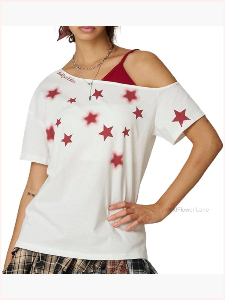 Off Shoulder Oversized Star Graphic Tee Short Sleeve Cotton Summer Top